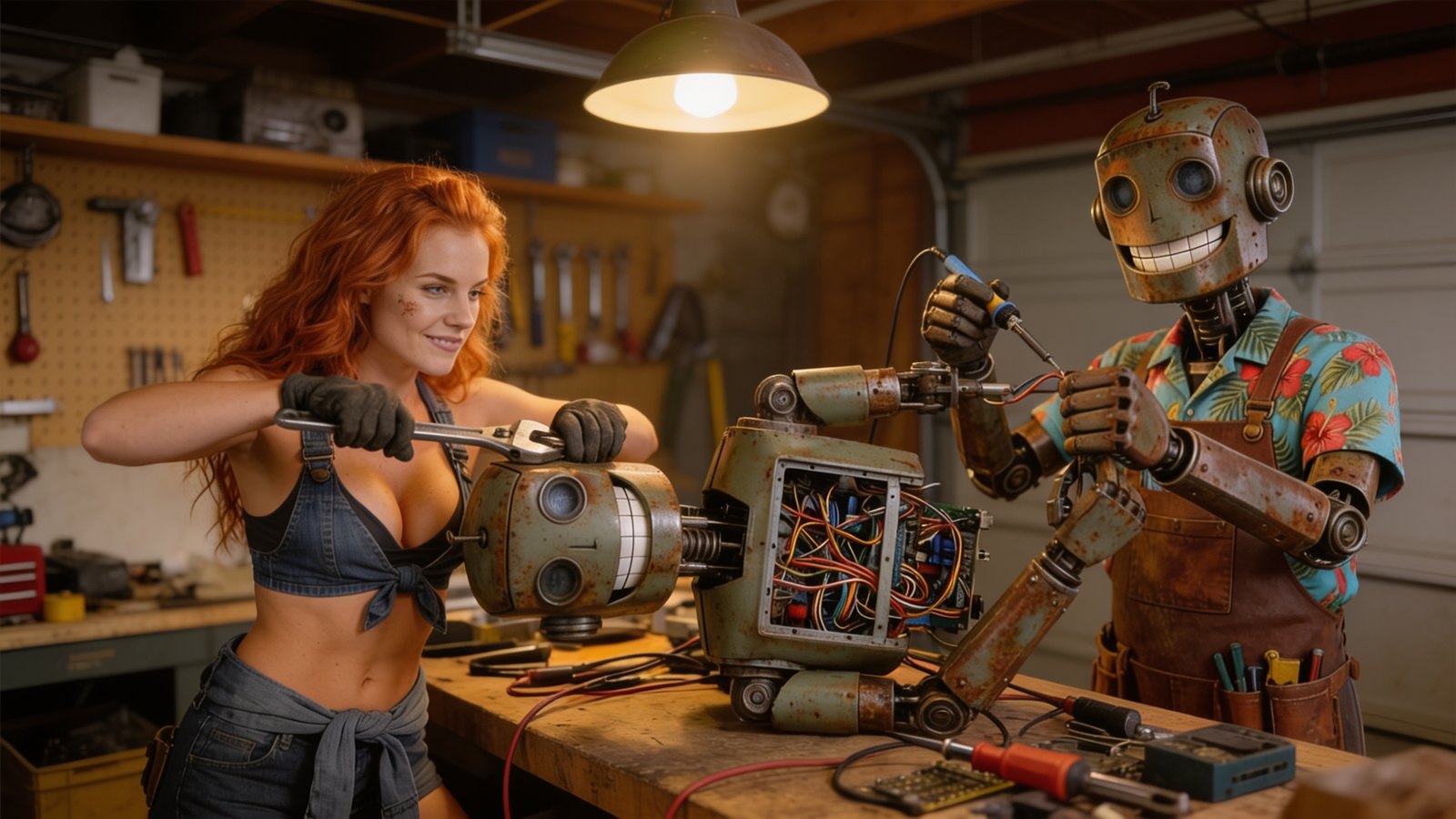Bolek Robot i mechaniczka w warsztacie przy stole z robotem do naprawy
